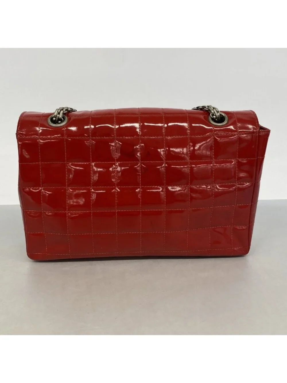 Chanel Shoulder Bag 2.55 Choco Bar Patent Leather Red Silver